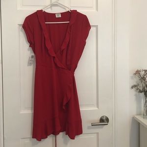 Red ruffle mini savoy wrap dress